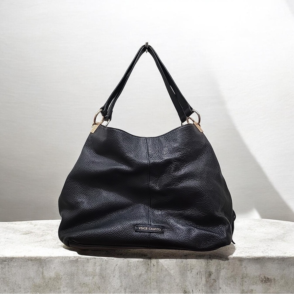 Vince Camuto Hobo Bag in Black Pebbled Leather Handbag Purse. Gold Hardware